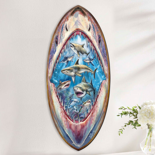 Handcrafted wood shark surfboard coastal sea-life wall art