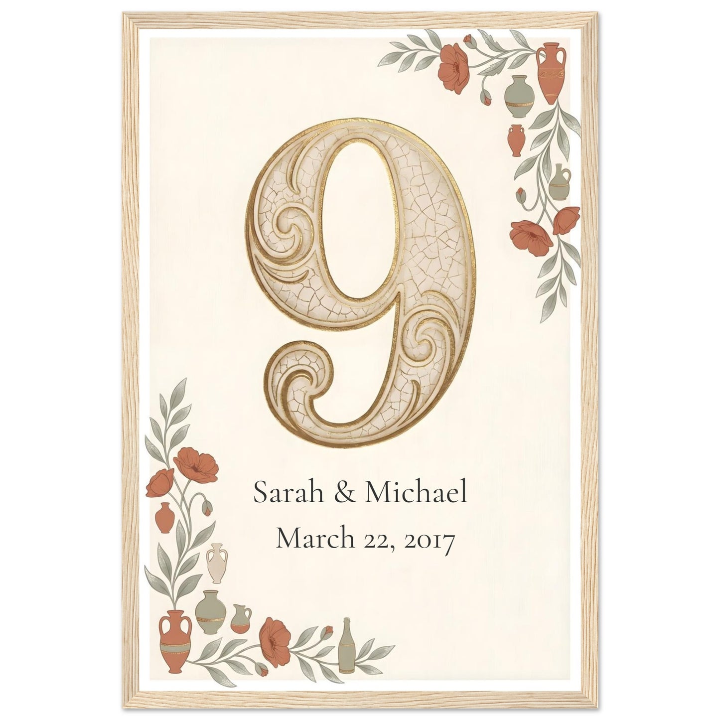Personalized 9th Anniversary Wall Art - 30x45 cm / 12x18″ - Wood frame / Ready-to-hang - Sparkycare