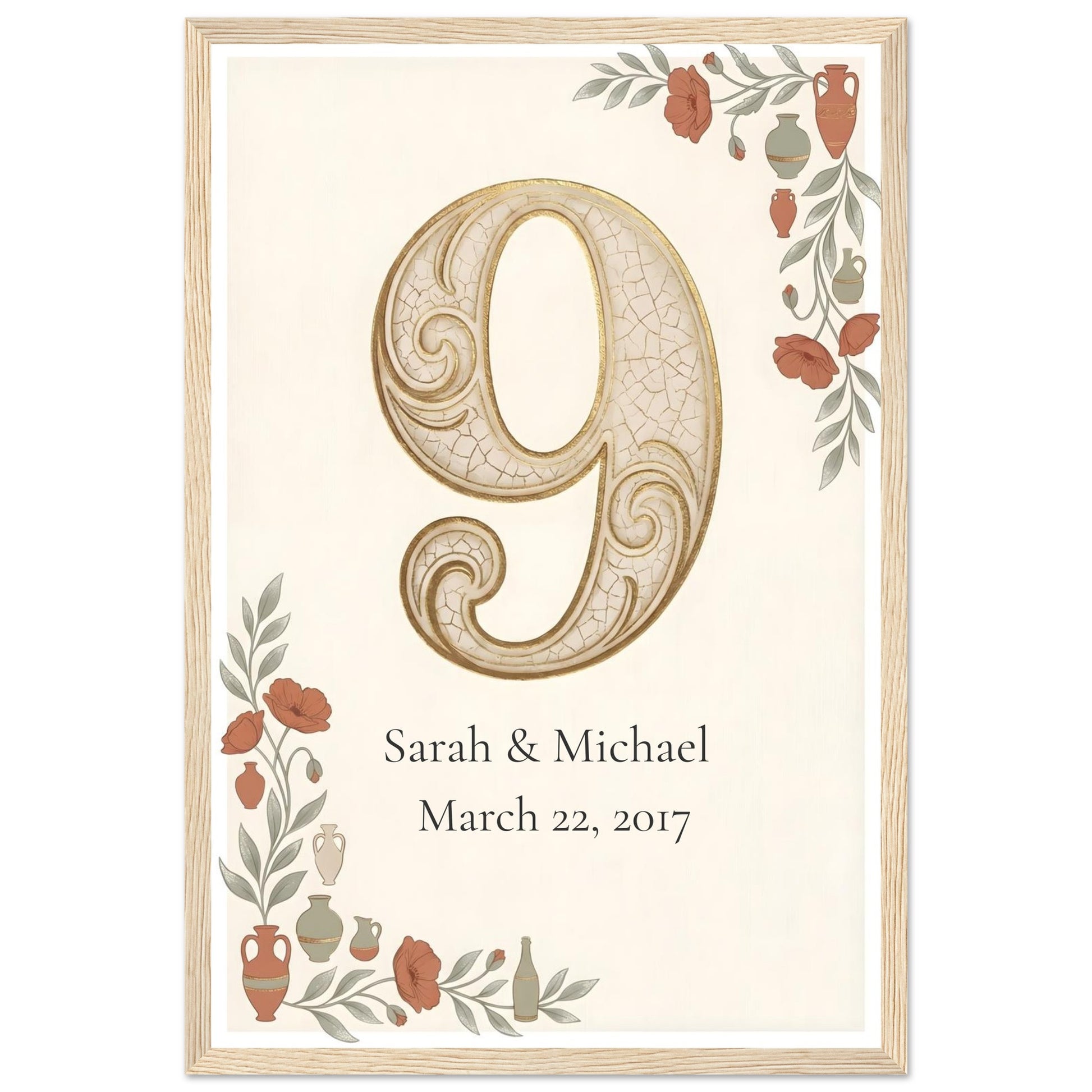 Personalized 9th Anniversary Wall Art - 30x45 cm / 12x18″ - Wood frame / Ready-to-hang - Sparkycare