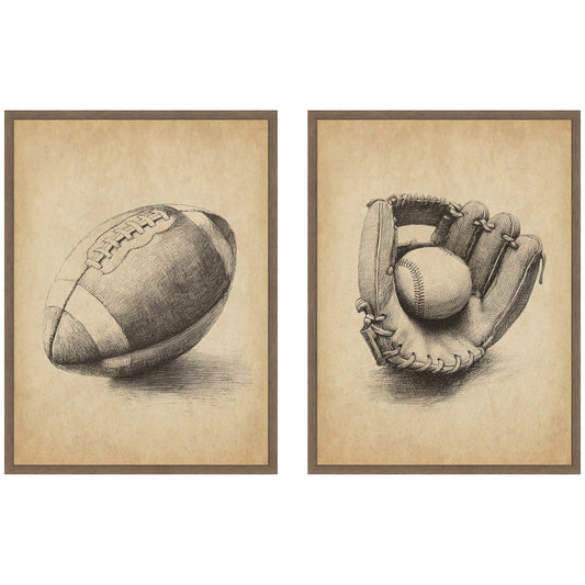 Vintage Football & Baseball 2 Piece Framed Canvas Wall Art Set by The Creative Bunch Studio
