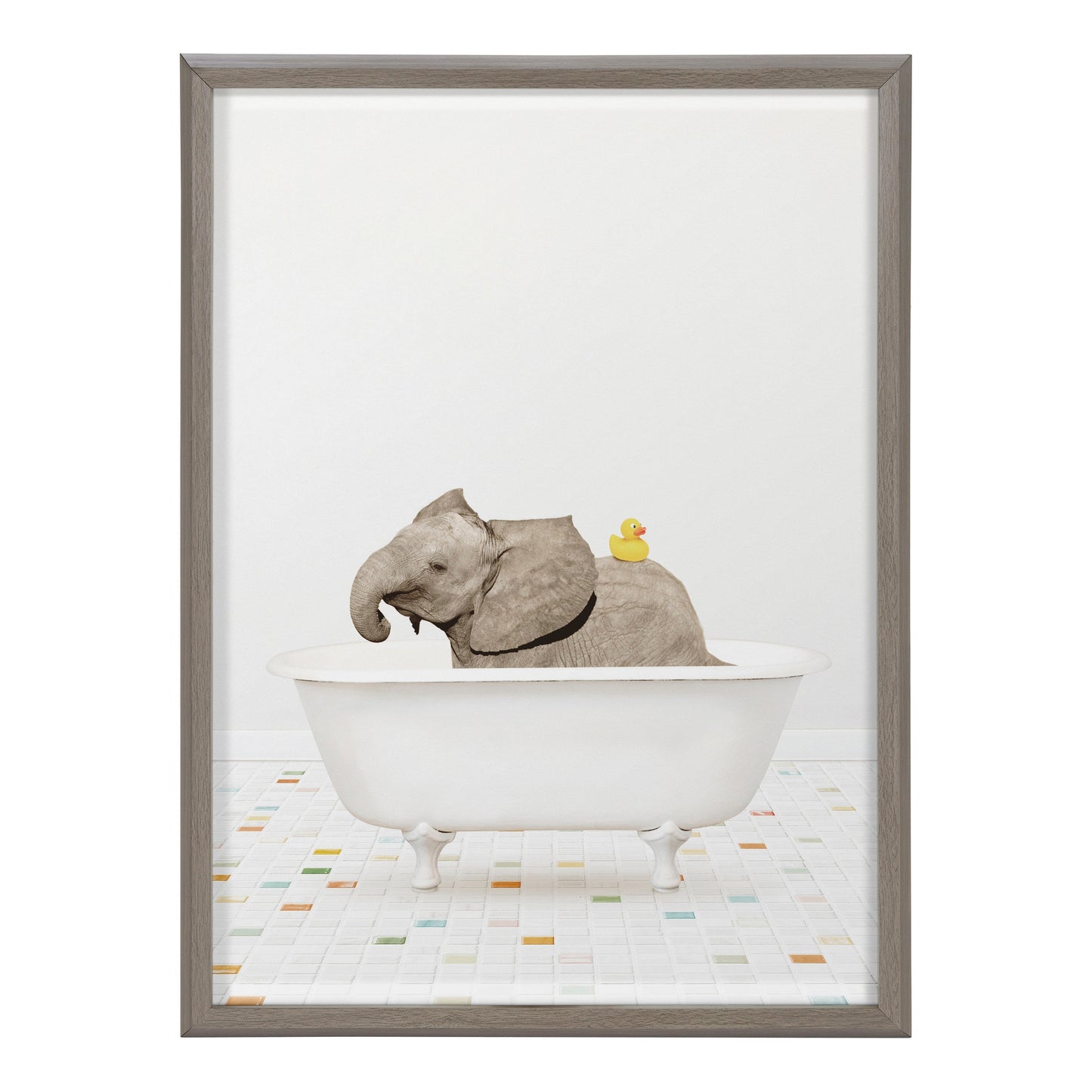 Baby Elephant Bath Time with Rubber Ducky Framed Glass Wall Art