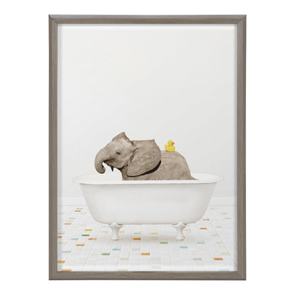 Baby Elephant Bath Time with Rubber Ducky Framed Glass Wall Art