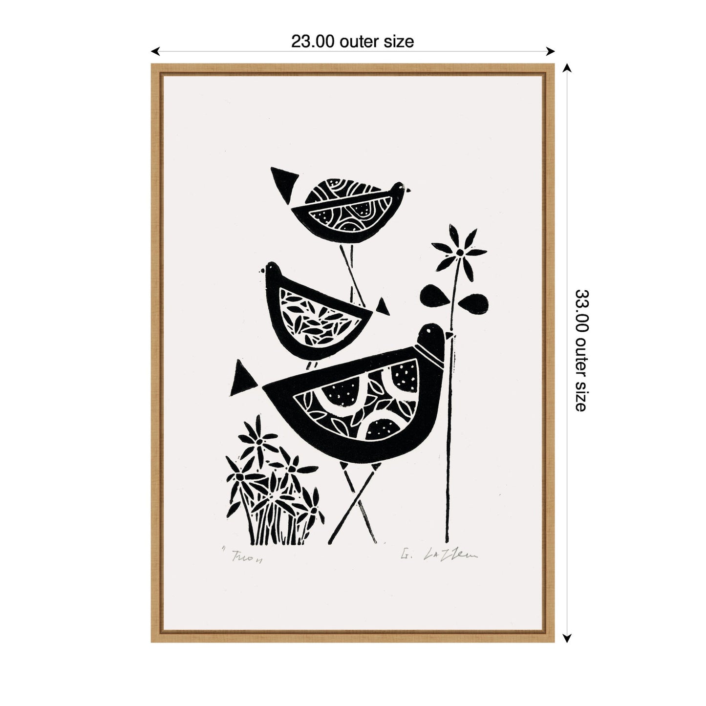 Folk Bird Family Trio Linocut Framed Canvas Wall Art