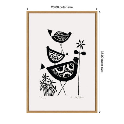 Folk Bird Family Trio Linocut Framed Canvas Wall Art