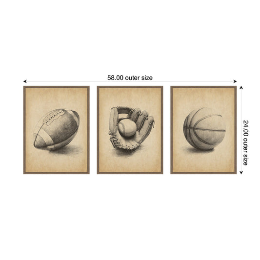 Walnut Antique Football 3 Piece Framed Canvas Wall Art Set by The Creative Bunch Studio