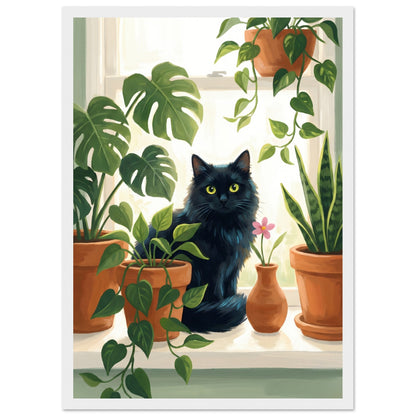 Plant Lover Wall Art - Cat & Houseplants Framed Poster - A3 (29.7 x 42 cm) - White frame / Ready-to-hang - Sparkycare