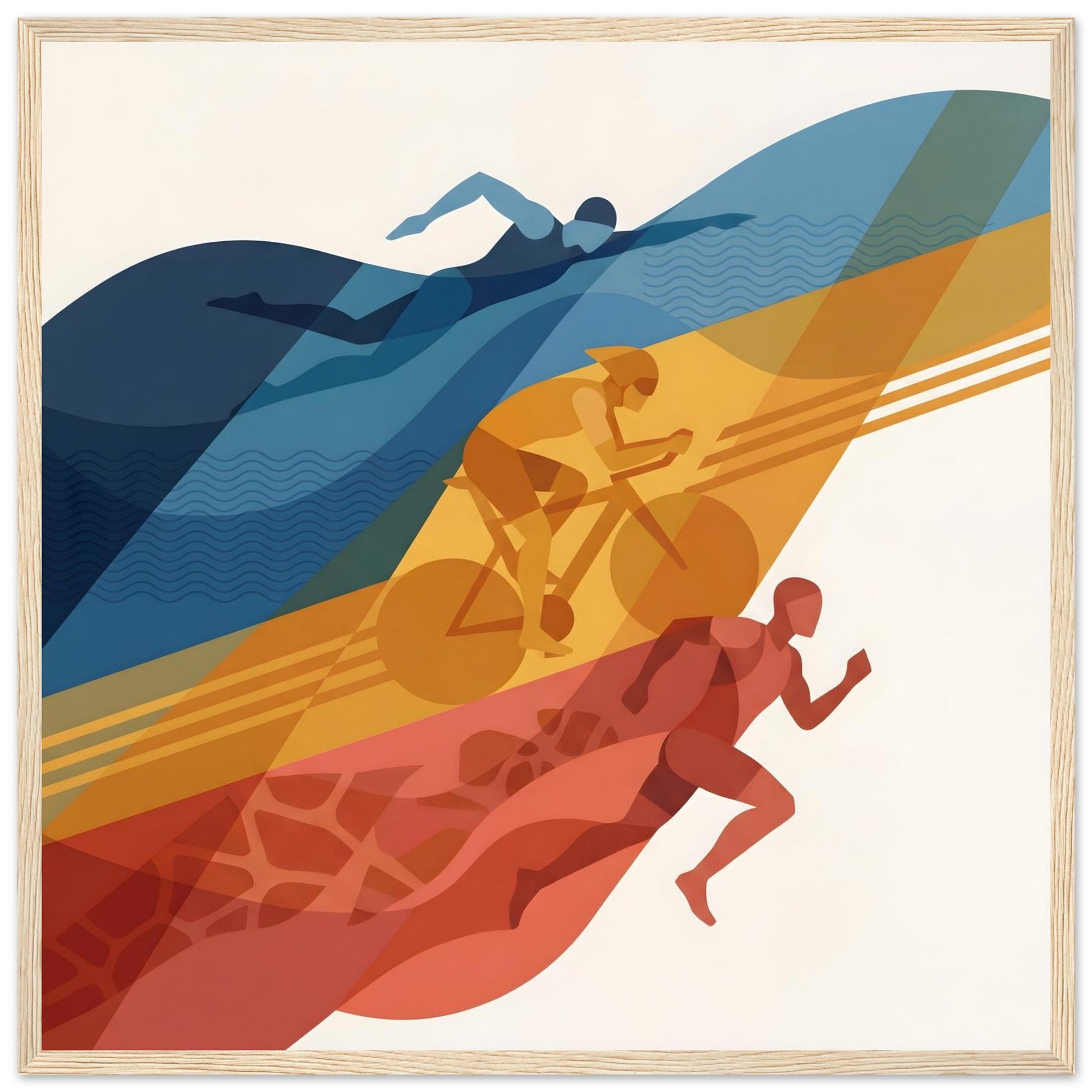 Abstract Triathlon Print: Geometric Swim Bike Run Wall Art - 50x50 cm / 20x20″ - Wood frame / Ready-to-hang - Sparkycare