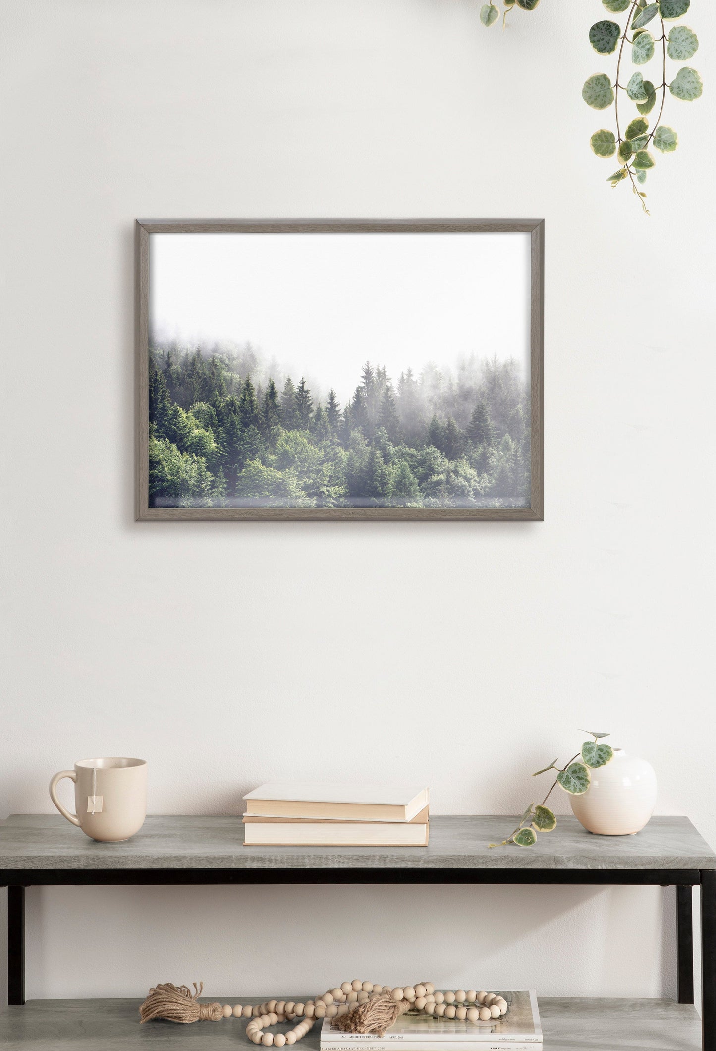 Lush Green Forest Foggy Day Framed Glass Wall Art
