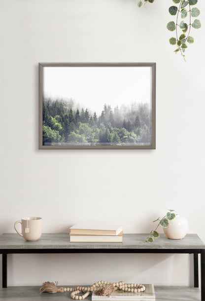 Lush Green Forest Foggy Day Framed Glass Wall Art
