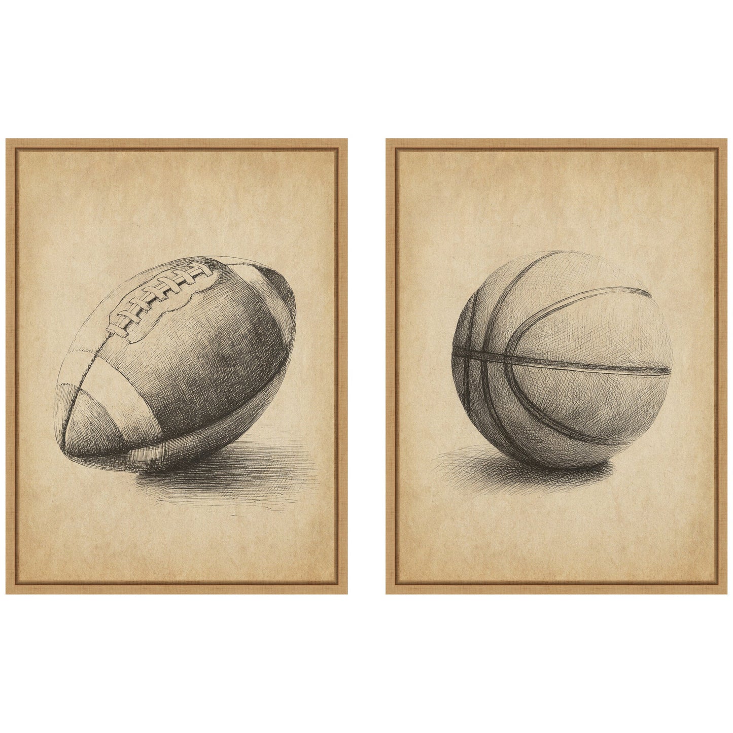Vintage football and basketball 2 piece framed canvas wall art set, easy to hang