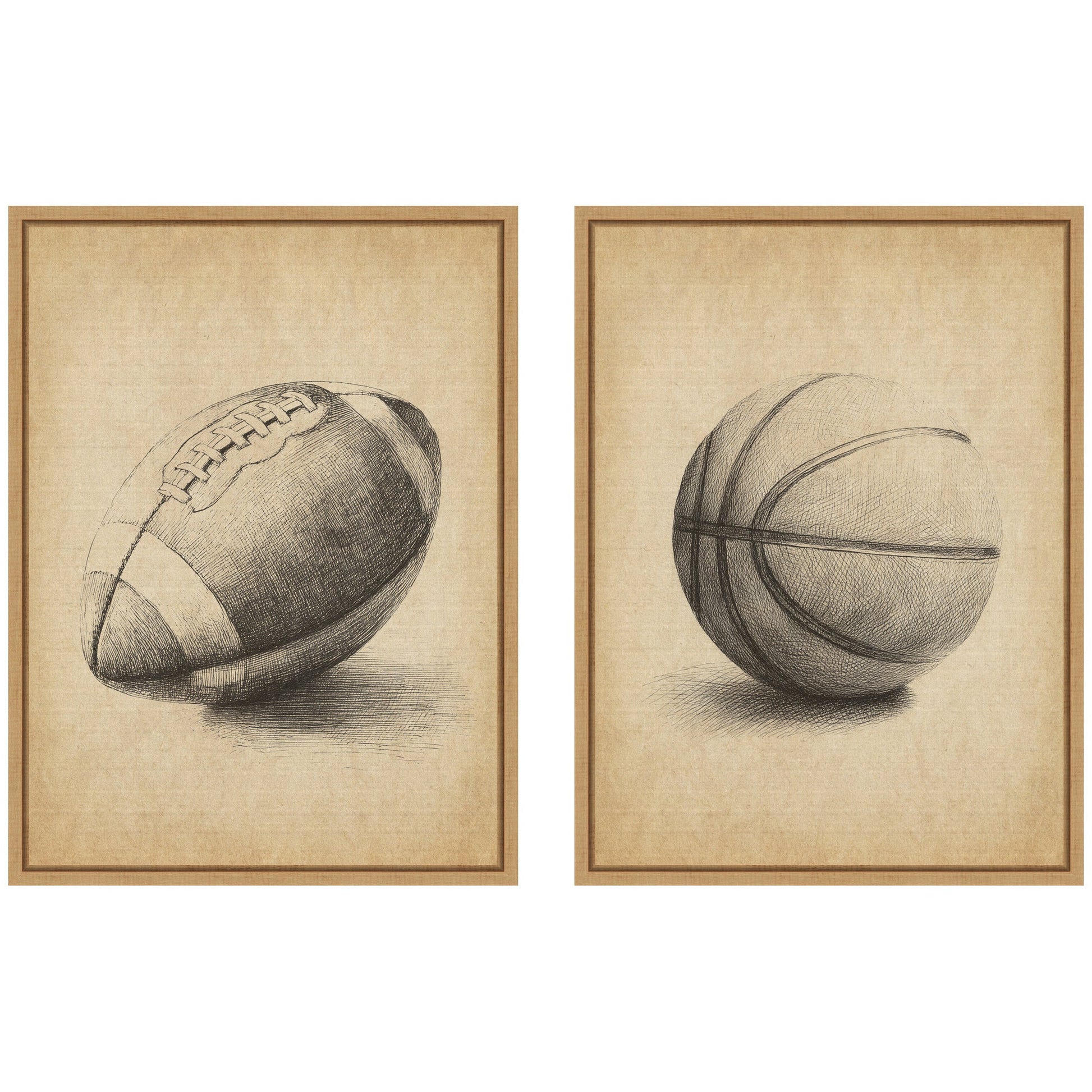 Vintage football and basketball 2 piece framed canvas wall art set, easy to hang