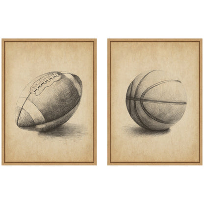 Vintage football and basketball 2 piece framed canvas wall art set, easy to hang