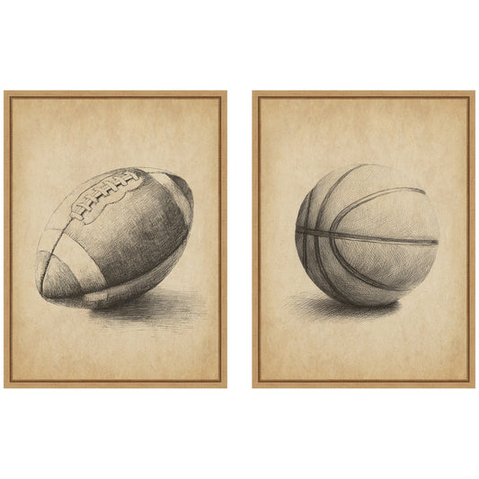 Vintage Football & Basketball 2 Piece Framed Canvas Wall Art Set by The Creative Bunch Studio