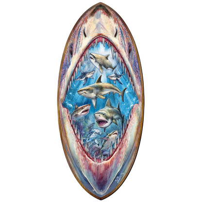 Shark Surfboard Wood Wall Art - Coastal Ocean Decor