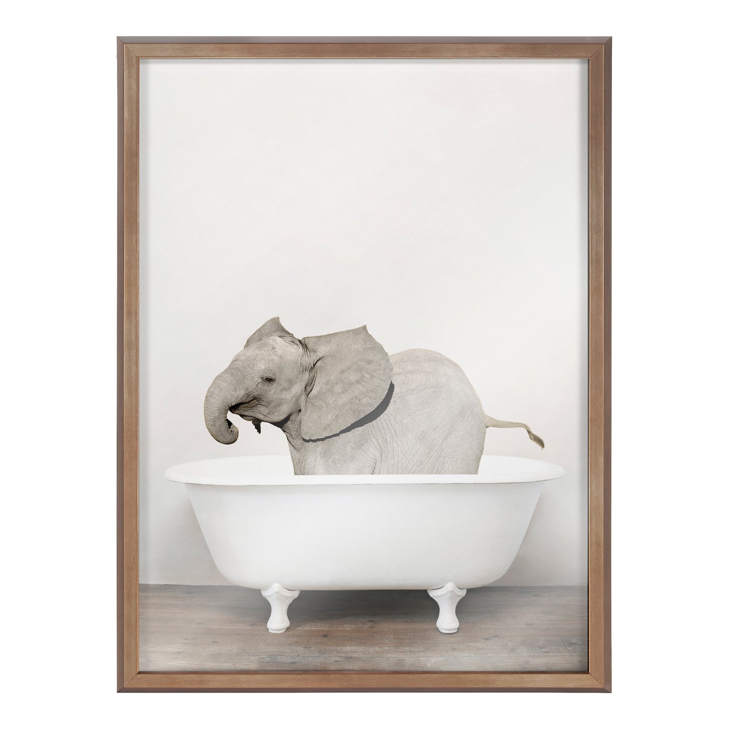 Baby Elephant in the Tub Framed Glass Wall Art