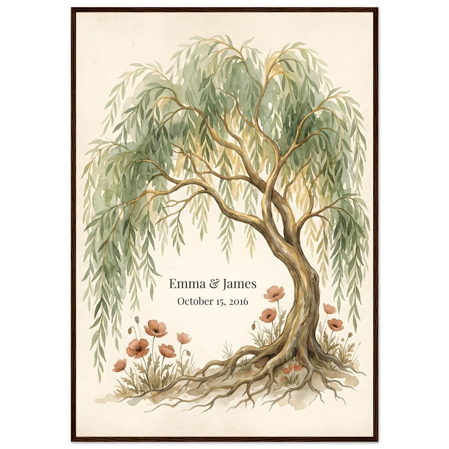 Decorative framed poster with a tree and flowers on a beige background