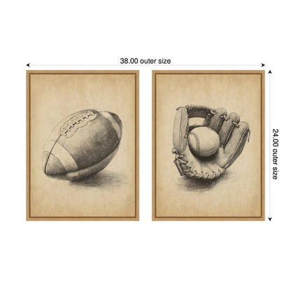Vintage Football and Baseball 2 Piece Framed Canvas Set