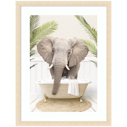 Elephant front in a palm bathtub framed wall art print for a bathroom