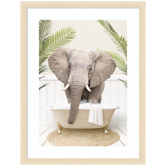 Elephant front in a palm bathtub framed wall art print for a bathroom
