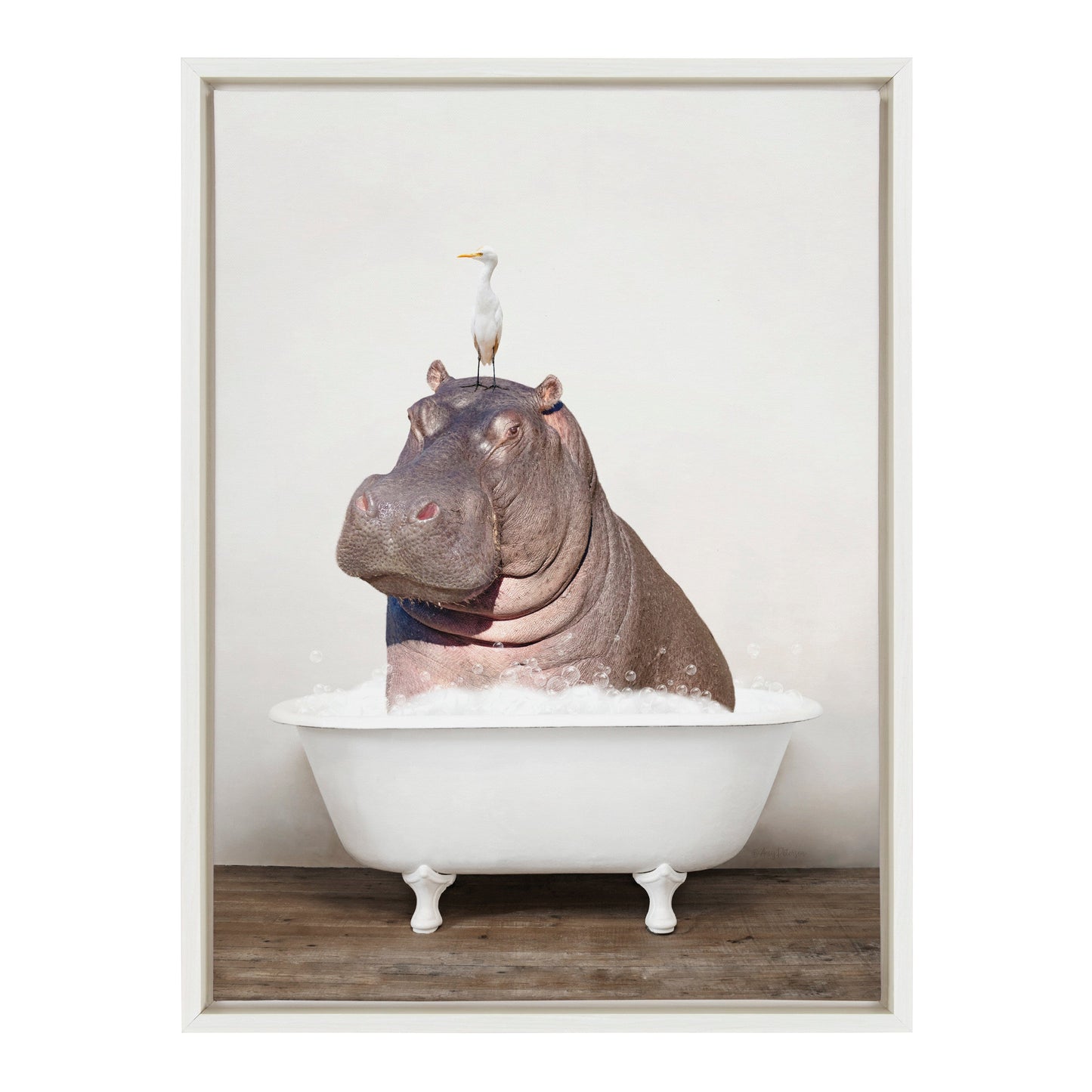 Hippo and Bird in Rustic Bath Framed Canvas Art
