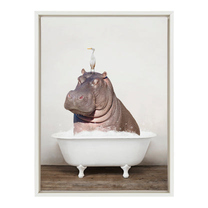 Hippo and Bird in Rustic Bath Framed Canvas Art