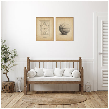Vintage Basketball 2 Piece Framed Canvas Set