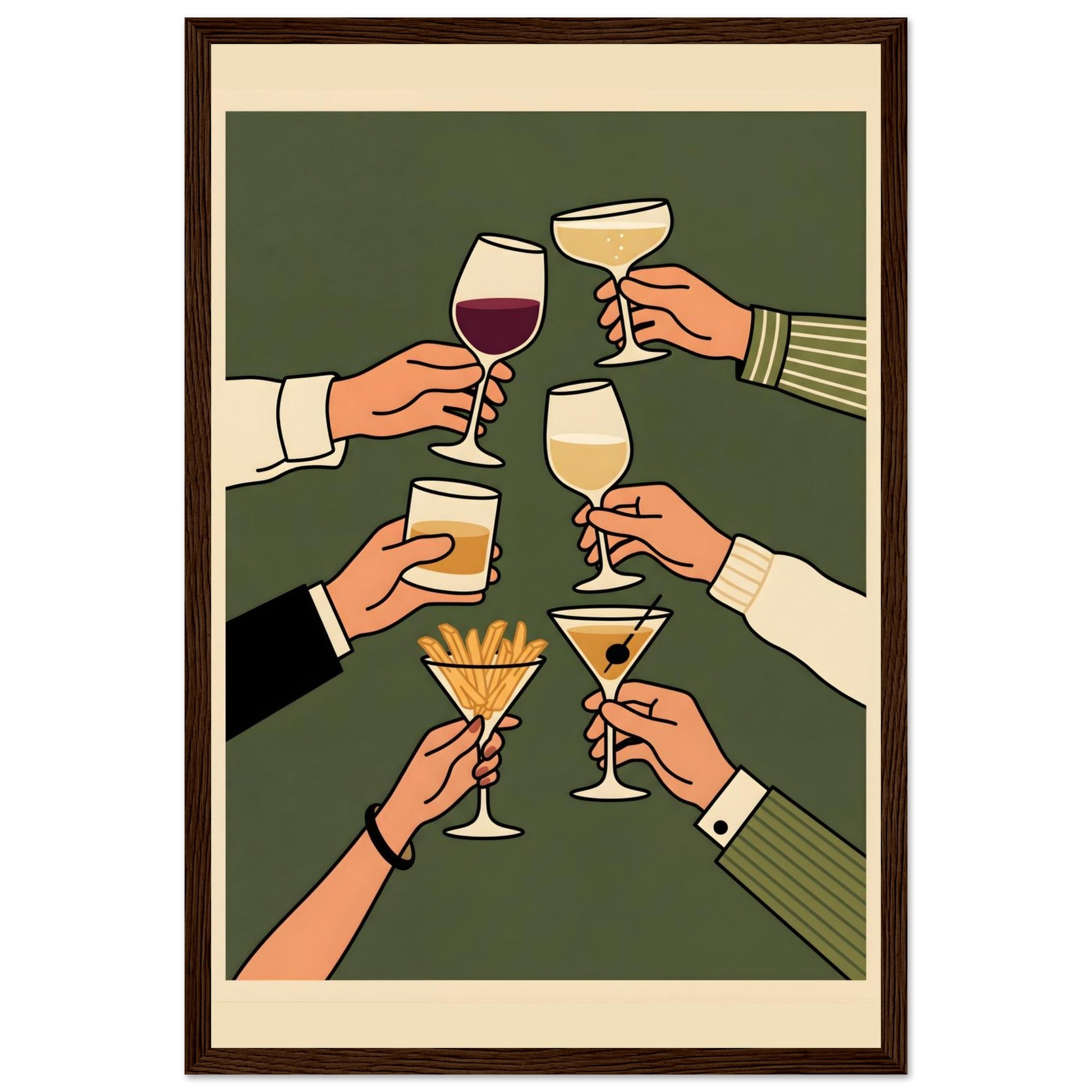 Retro Cheers Cocktail Toast Wall Art, Framed Bar Decor - 20x25 cm / 8x10″ - White frame / Ready-to-hang - Sparkycare