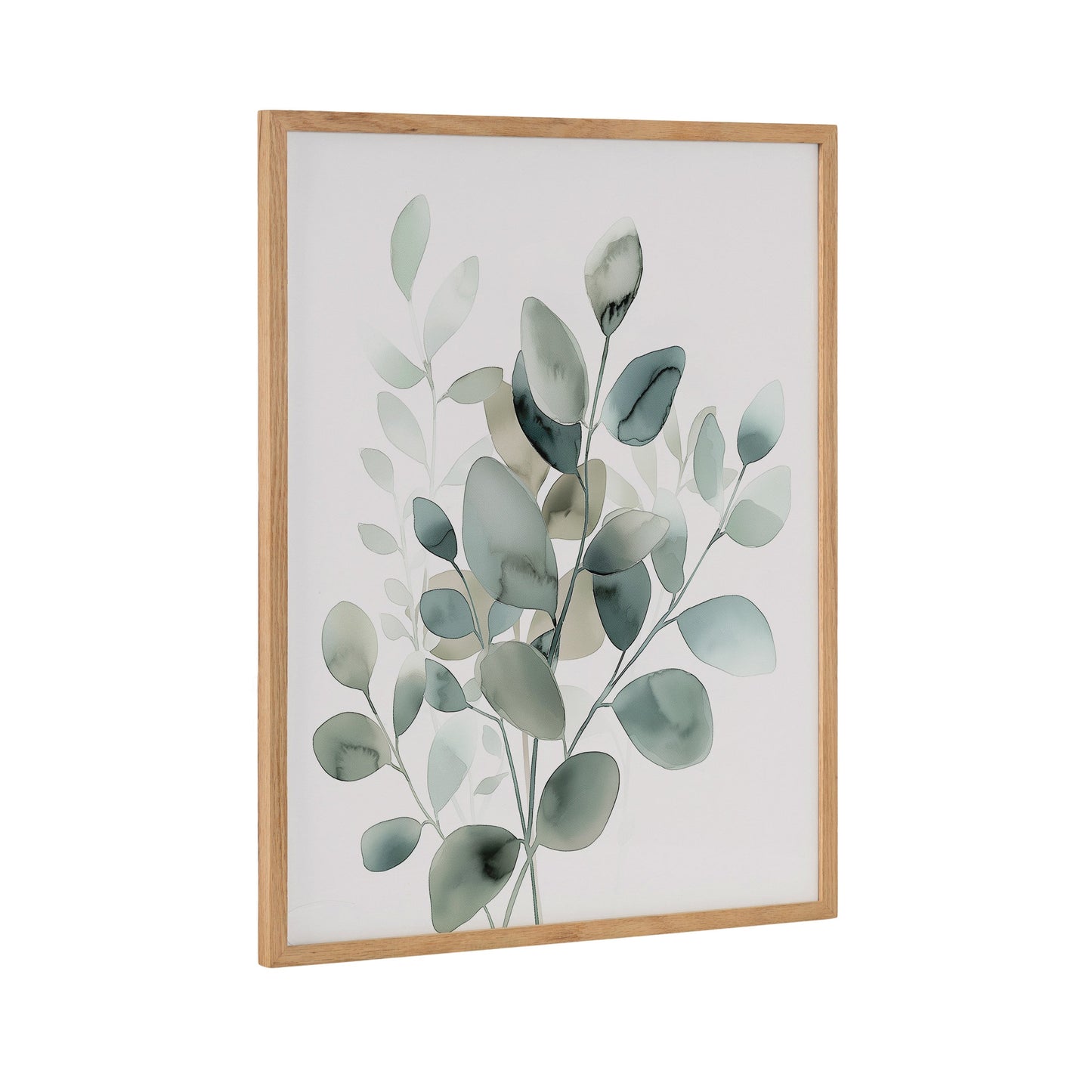Minimalist teal eucalyptus watercolor botanical in a wood frame