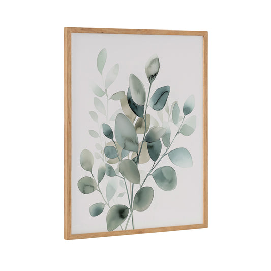 Minimalist teal eucalyptus watercolor botanical in a wood frame