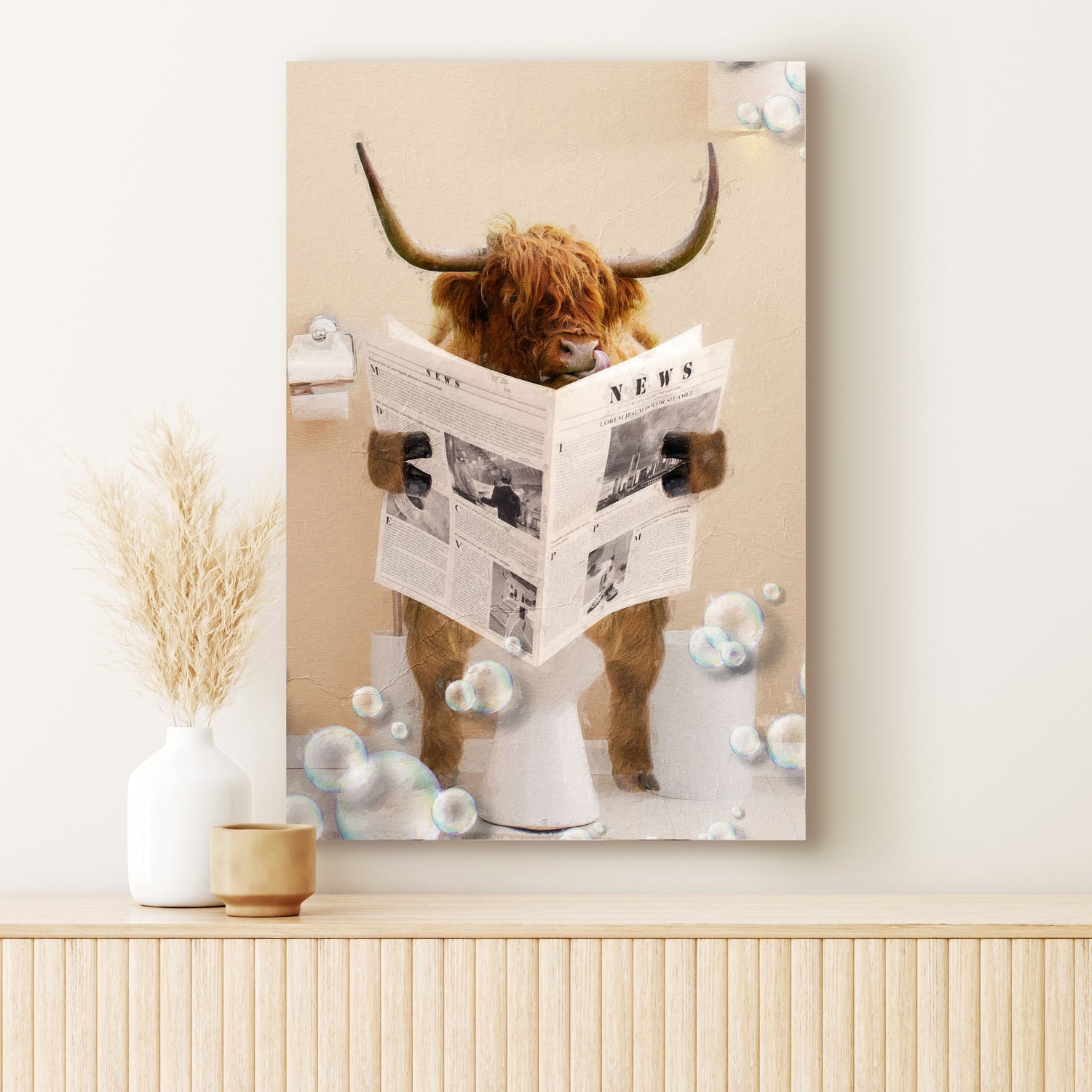 Highland cow reading newspaper canvas wall art with whimsical charm, ready to hang