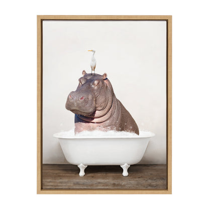 Hippo and Bird in Rustic Bath Framed Canvas Art