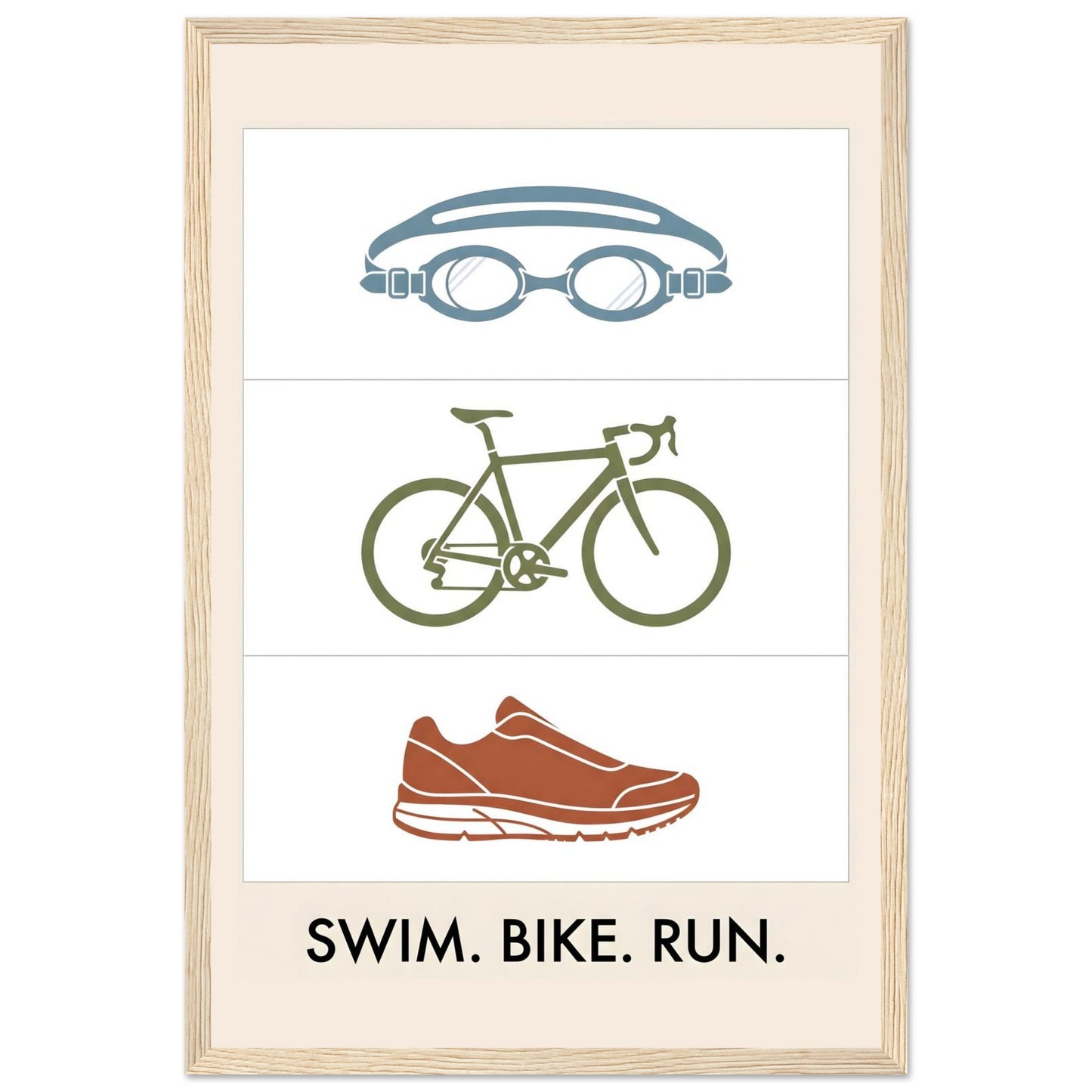 Swim Bike Run Poster: Minimalist Triathlon Icons Wall Art - 30x45 cm / 12x18″ - Wood frame / Ready-to-hang - Sparkycare