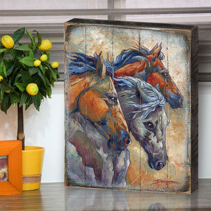 Running Horses Wood Block Wall Art, Wildlife Decor