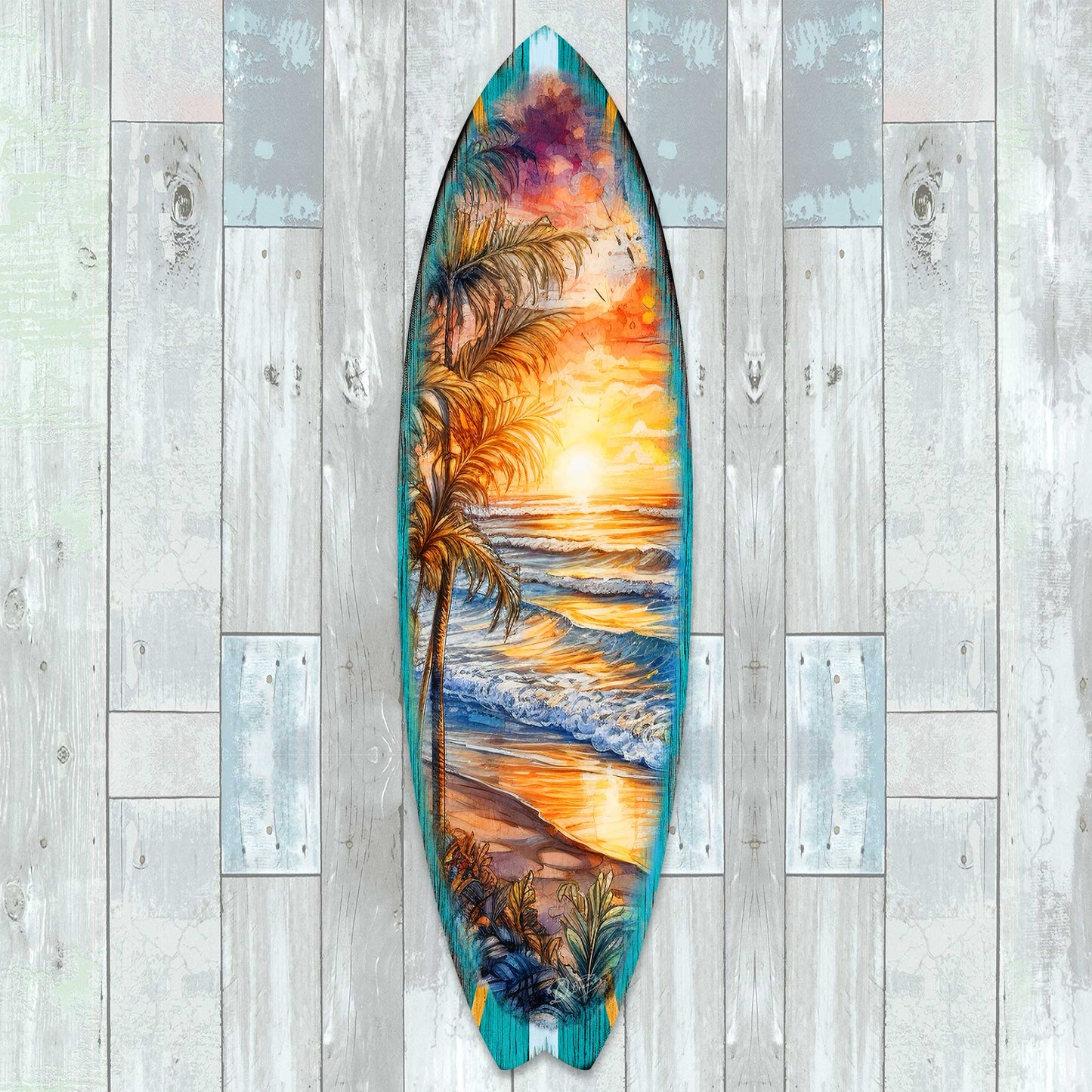 Golden Waves Surfboard Wood Wall Art, Coastal Decor