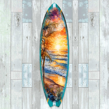 Golden Waves Surfboard Wood Wall Art, Coastal Decor