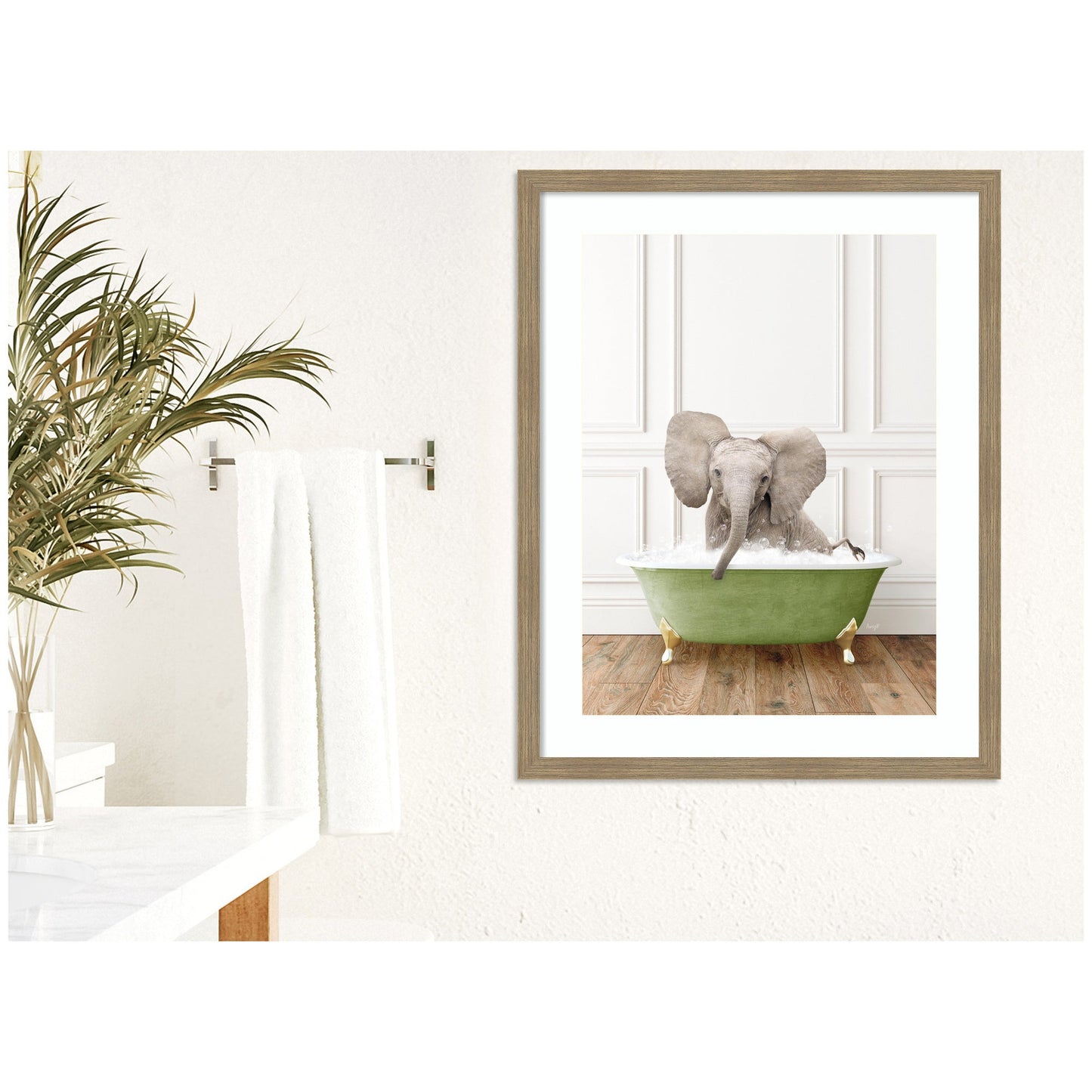 Baby Elephant in Transitional Bathtub by Amy Peterson Framed Wall Art Print