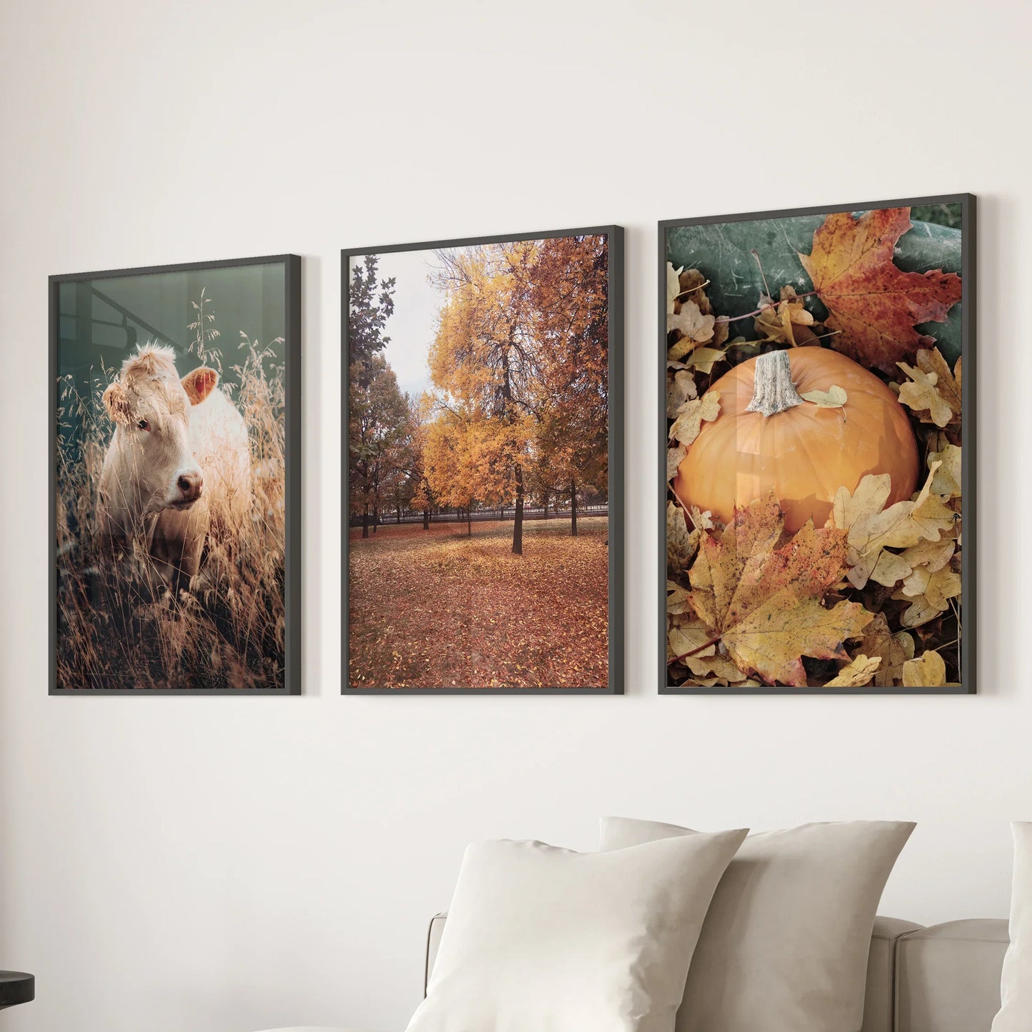 Autumn Farmhouse Wall Art Set of 3 Cow and Fall Prints