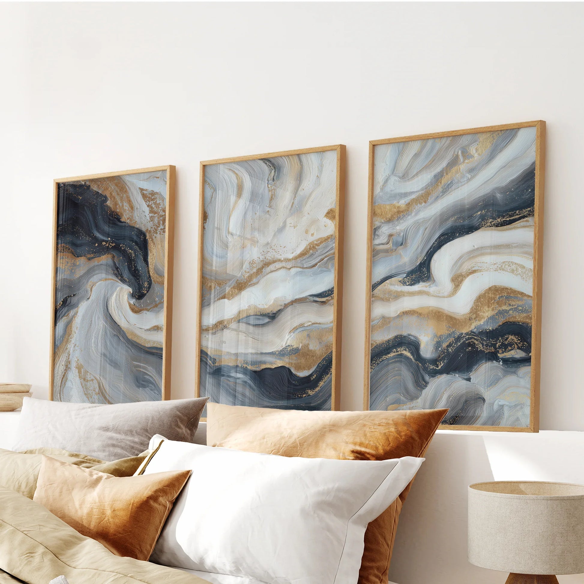 Marble abstract navy blue and gold wall art set of 3 prints
