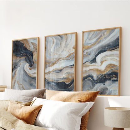 Marble abstract navy blue and gold wall art set of 3 prints