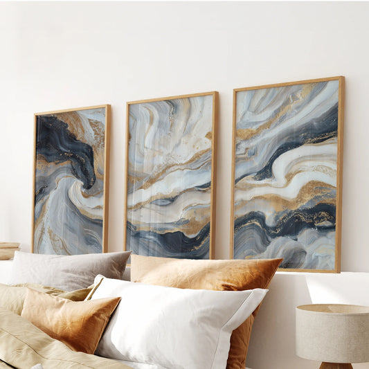 Marble abstract navy blue and gold wall art set of 3 prints