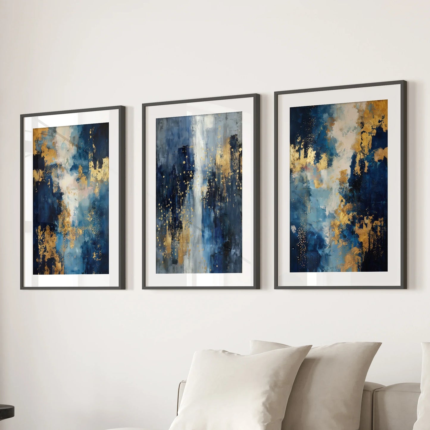 Navy and Gold Abstract Wall Art Set of 3 Contemporary Prints