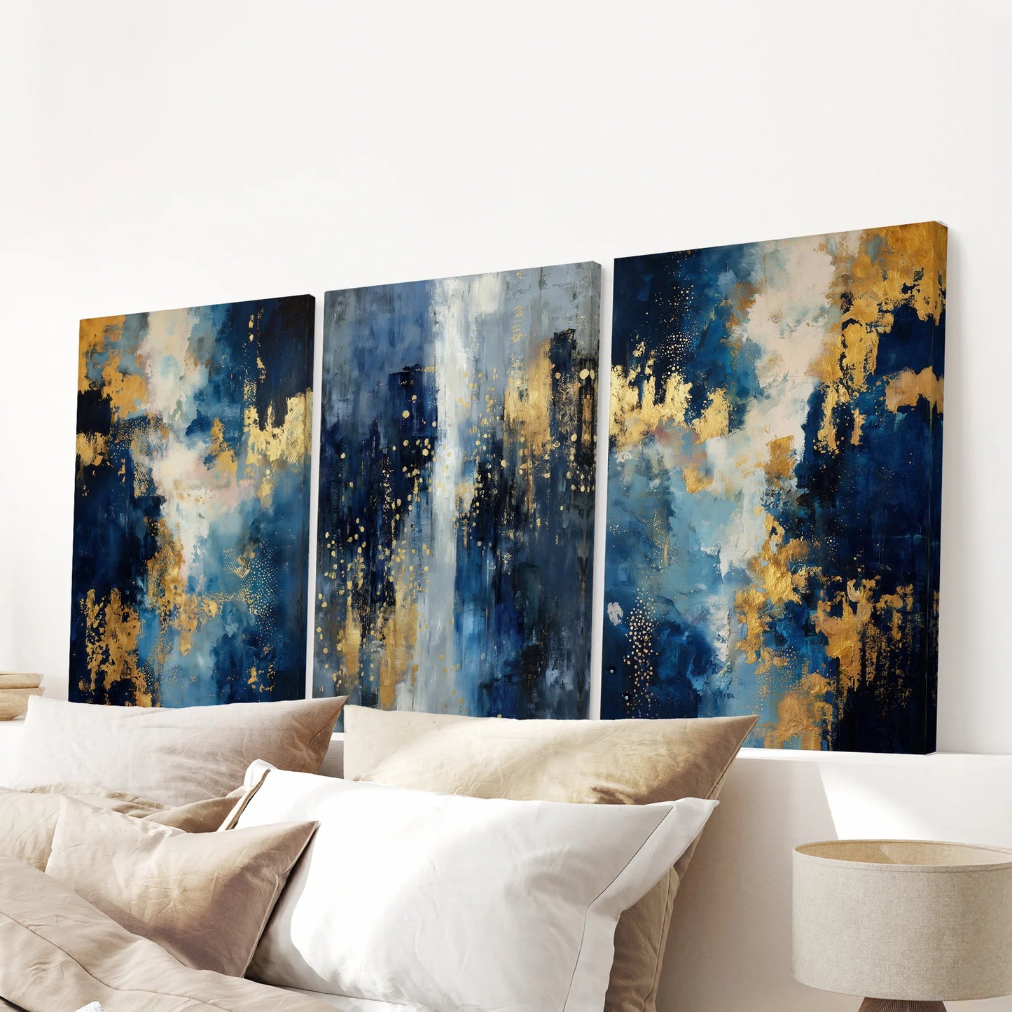 Navy and Gold Abstract Wall Art Set of 3 Contemporary Prints