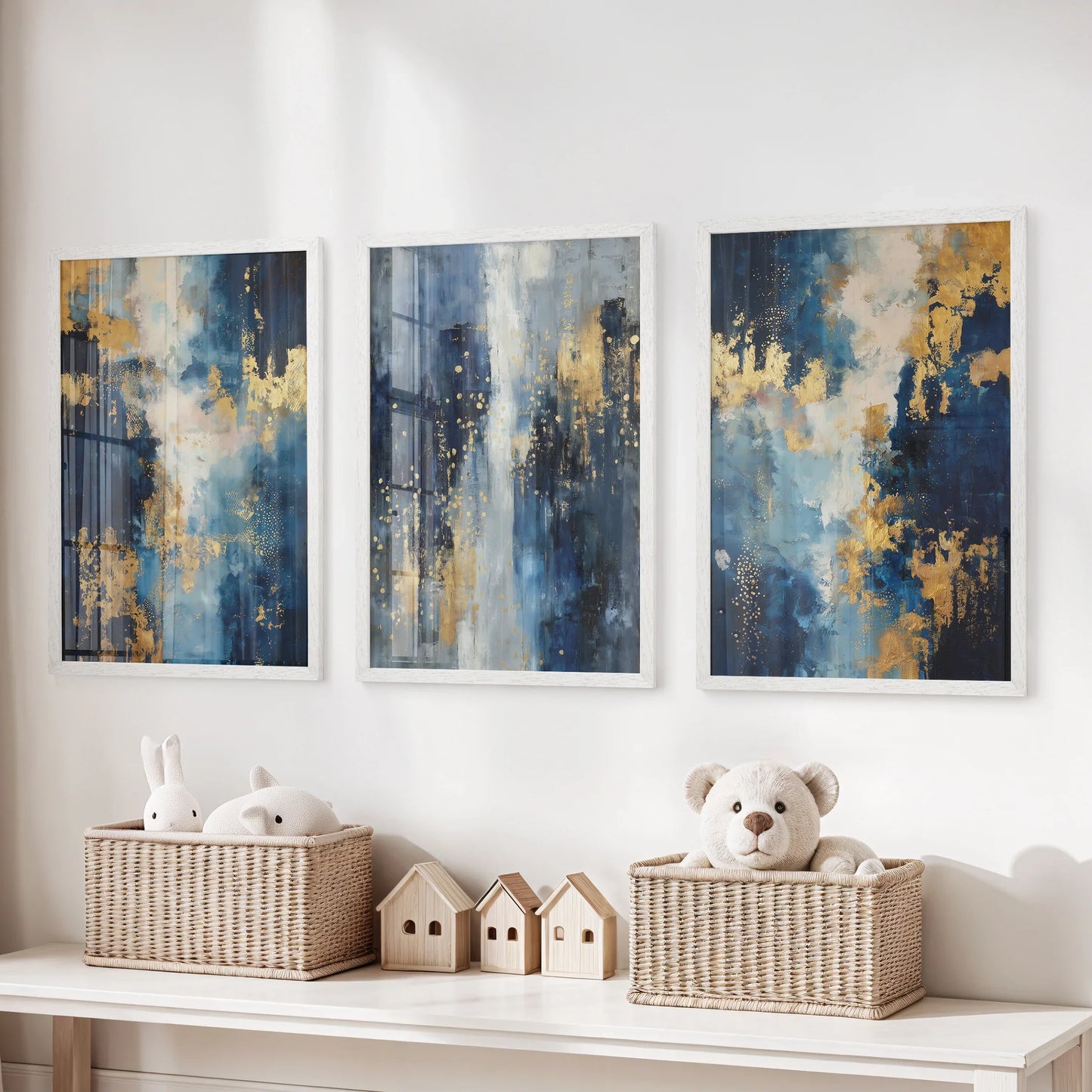 Navy and Gold Abstract Wall Art Set of 3 Contemporary Prints