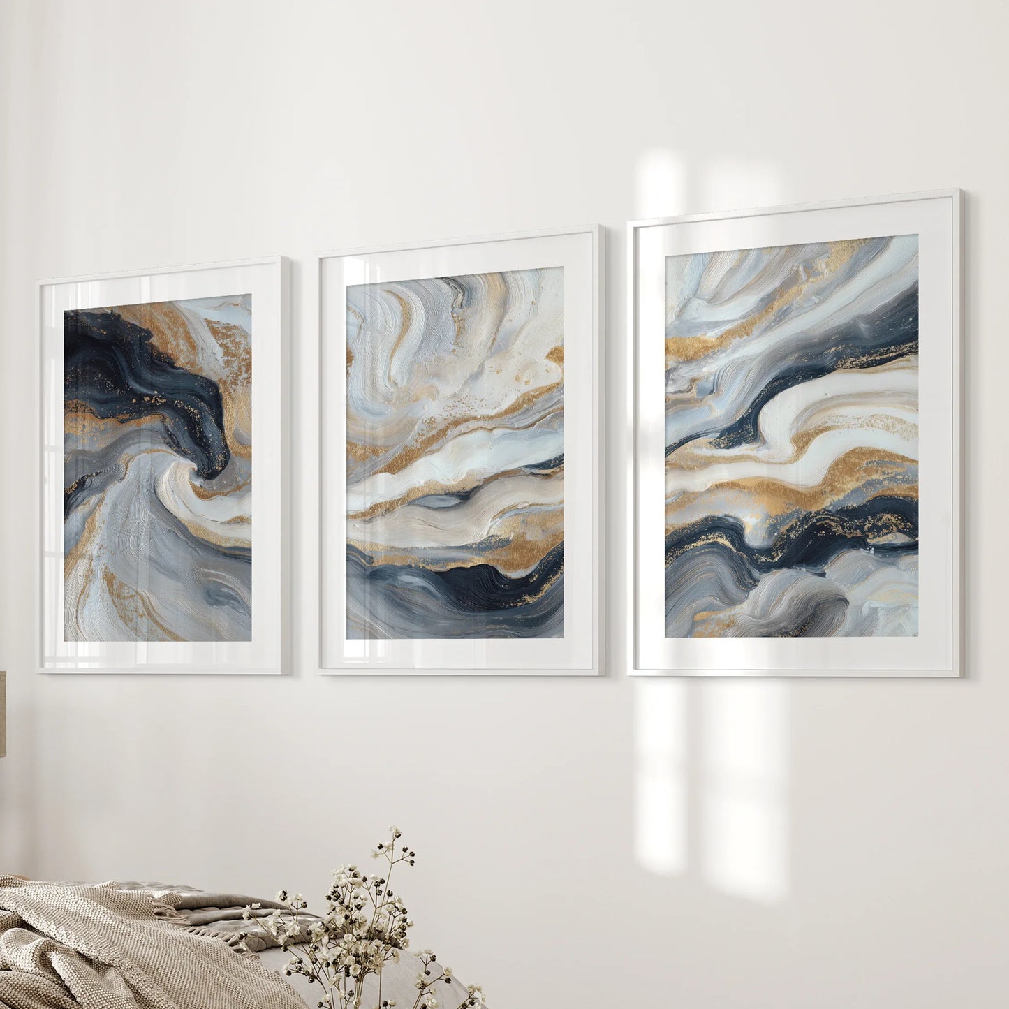 Marble Abstract Wall Art Set of 3 Navy Blue and Gold Prints