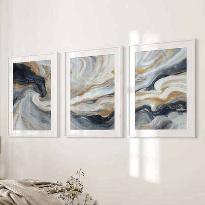 Marble Abstract Wall Art Set of 3 Navy Blue and Gold Prints