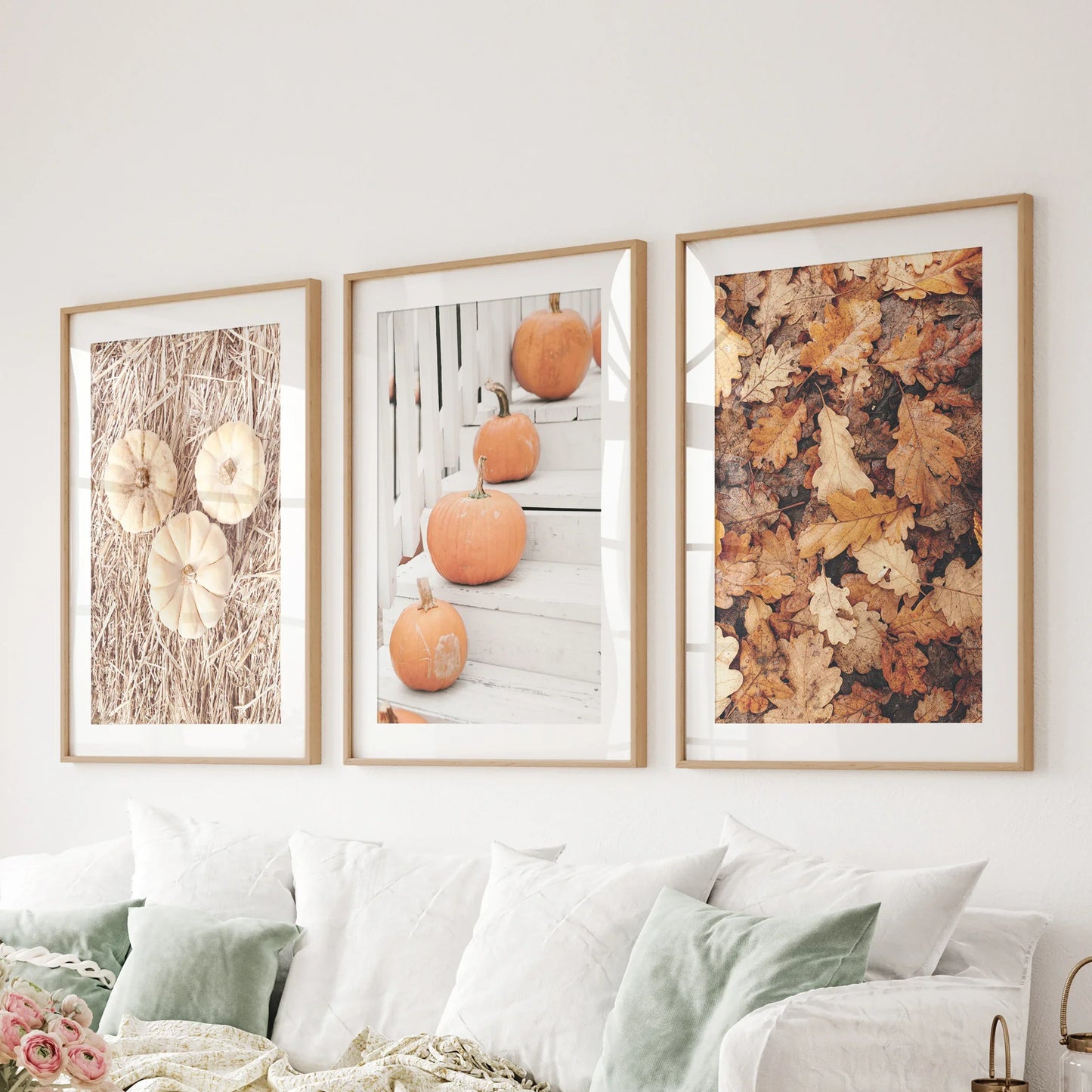 Cozy Fall Wall Art Set of 3 Pumpkins and Autumn Leaves