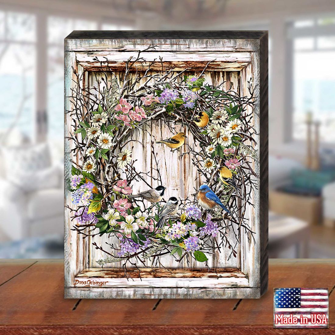 Spring Wreath with Birds Wood Wall Art - Floral Decor