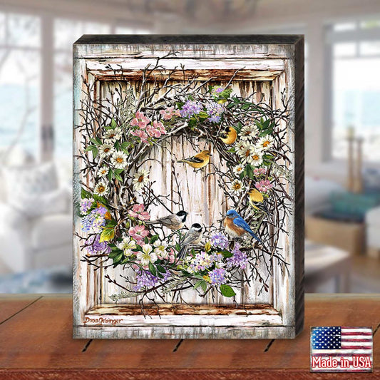 Spring Wreath with Birds Wood Wall Art - Floral Decor