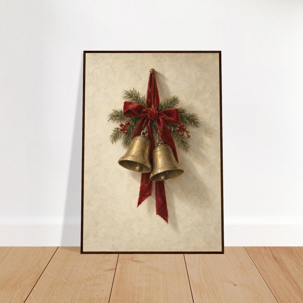 Christmas bells print in a dark wood frame