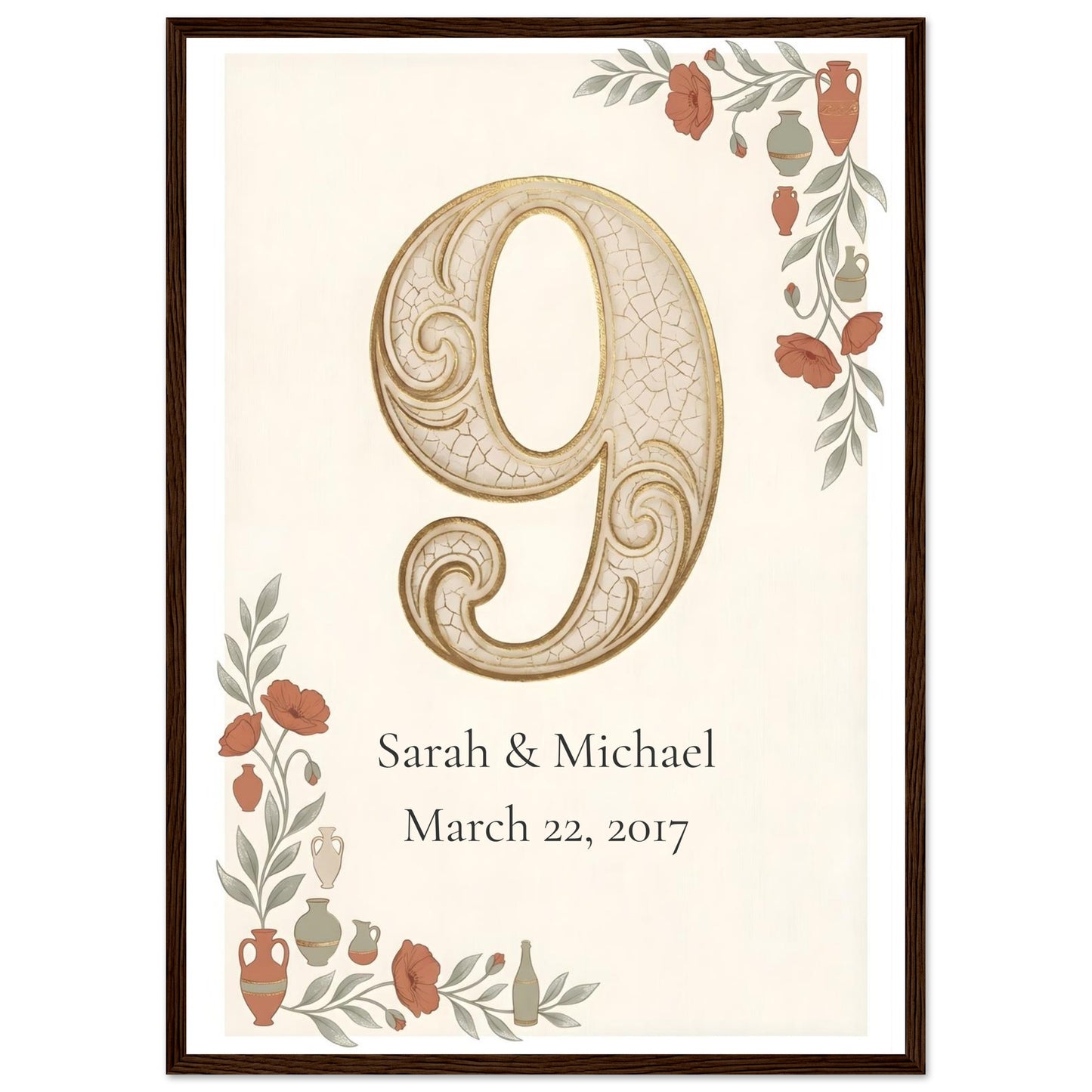 Personalized 9th Anniversary Wall Art - A2 (42 x 59.4 cm) - Dark wood frame / Ready-to-hang - Sparkycare